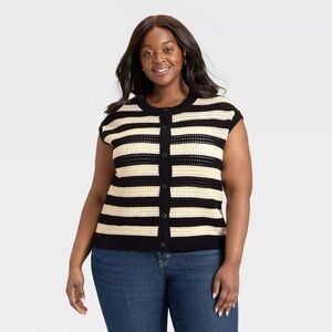 Universal Thread Striped Black and Cream Button-Front Sweater Top